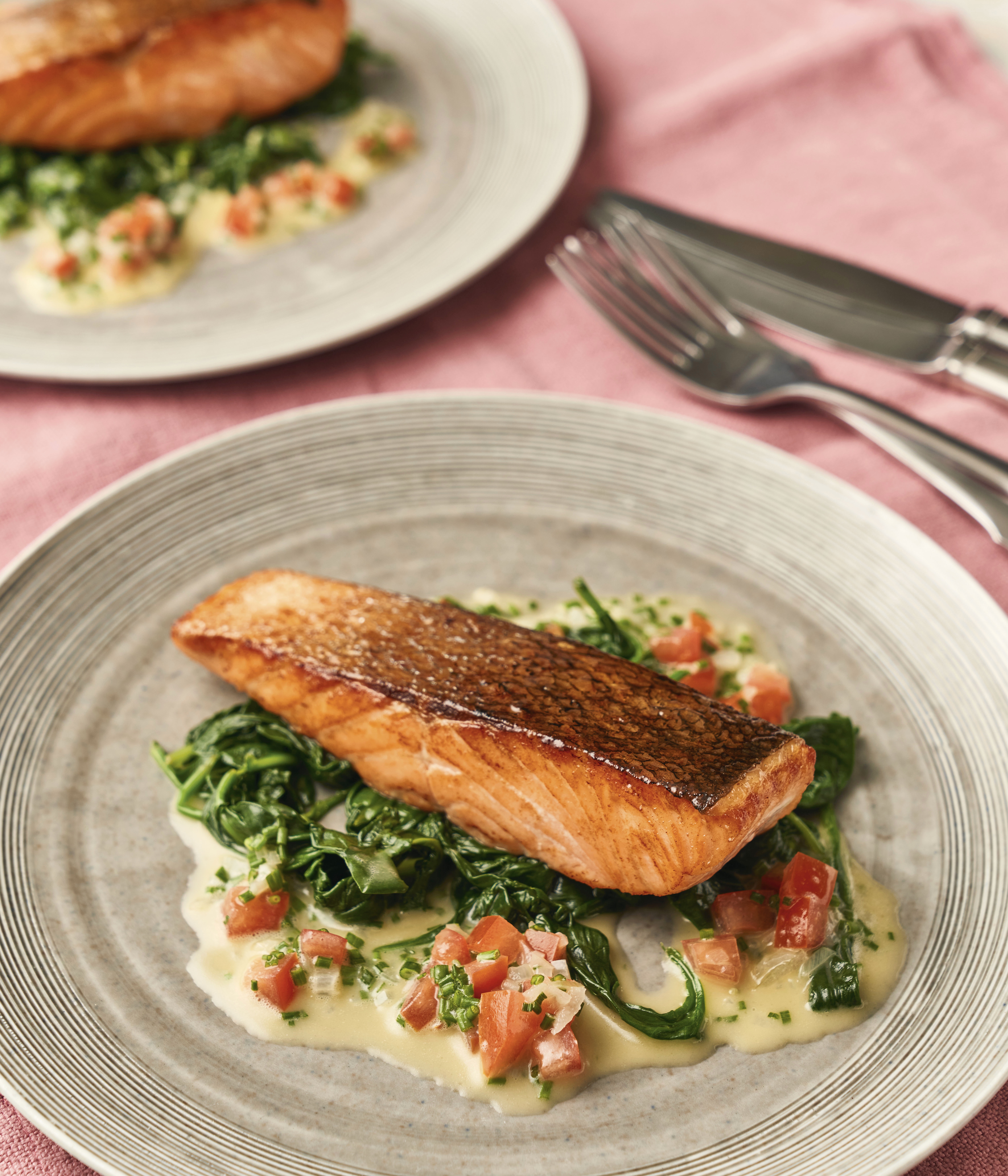 Pan-fried Fillet of Salmon, Chive-butter Sauce and Wilted Spinach